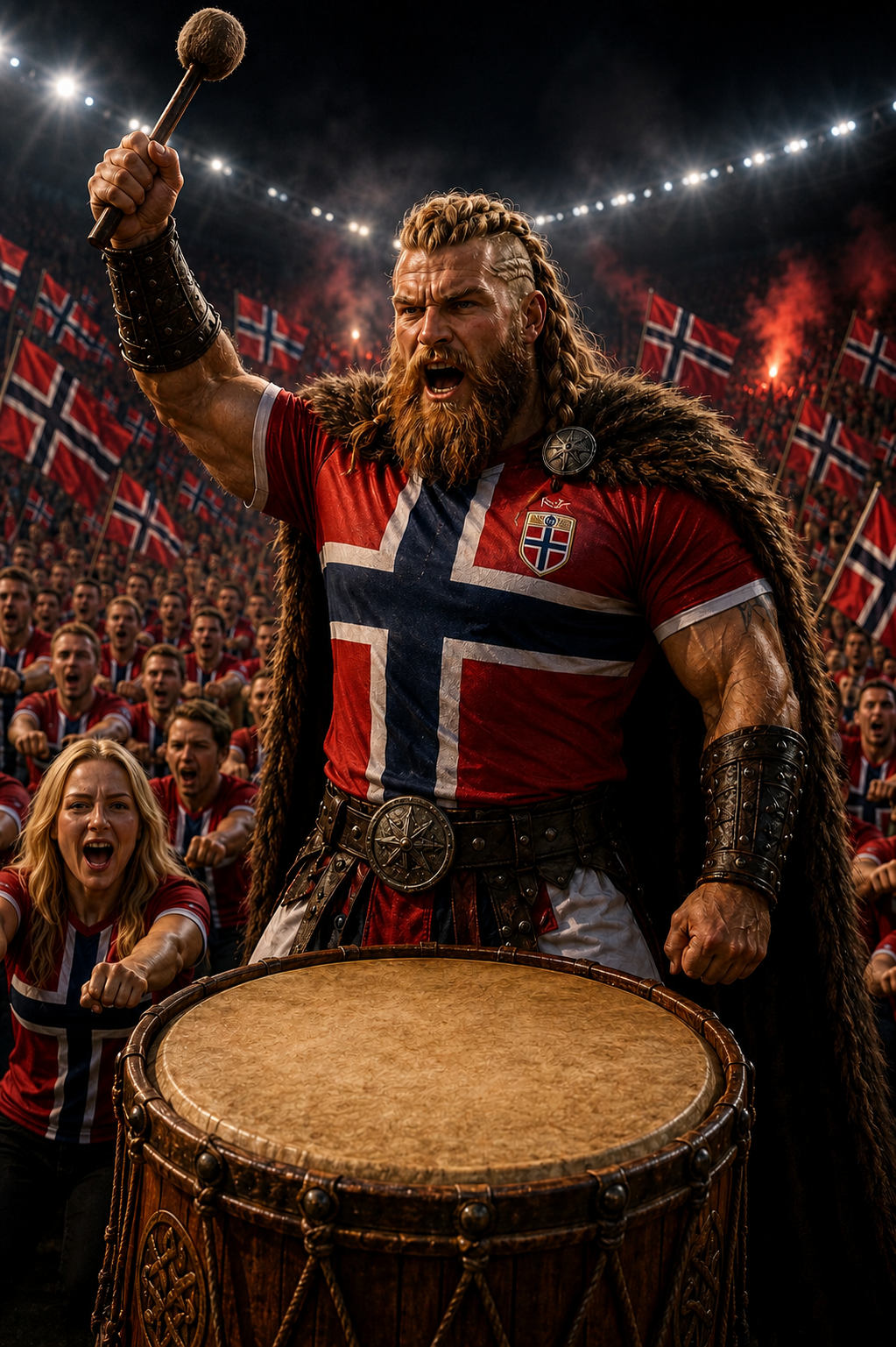Norsk viking som slår på krigstromma foran heiaflokken